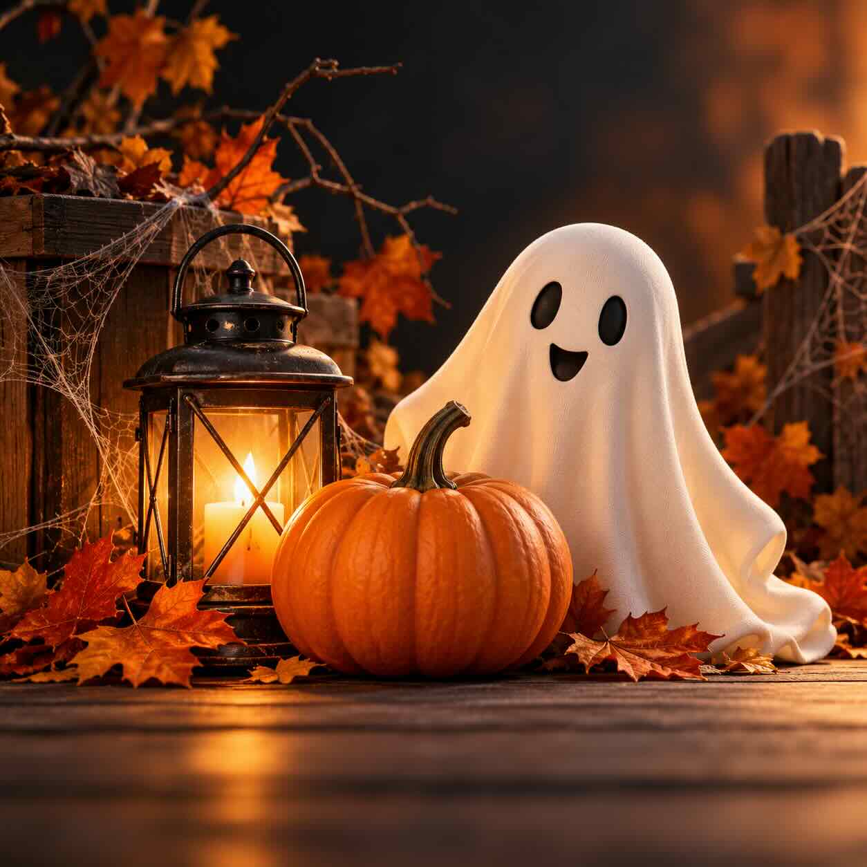Ghost beside a pumpkin and a candle lantern