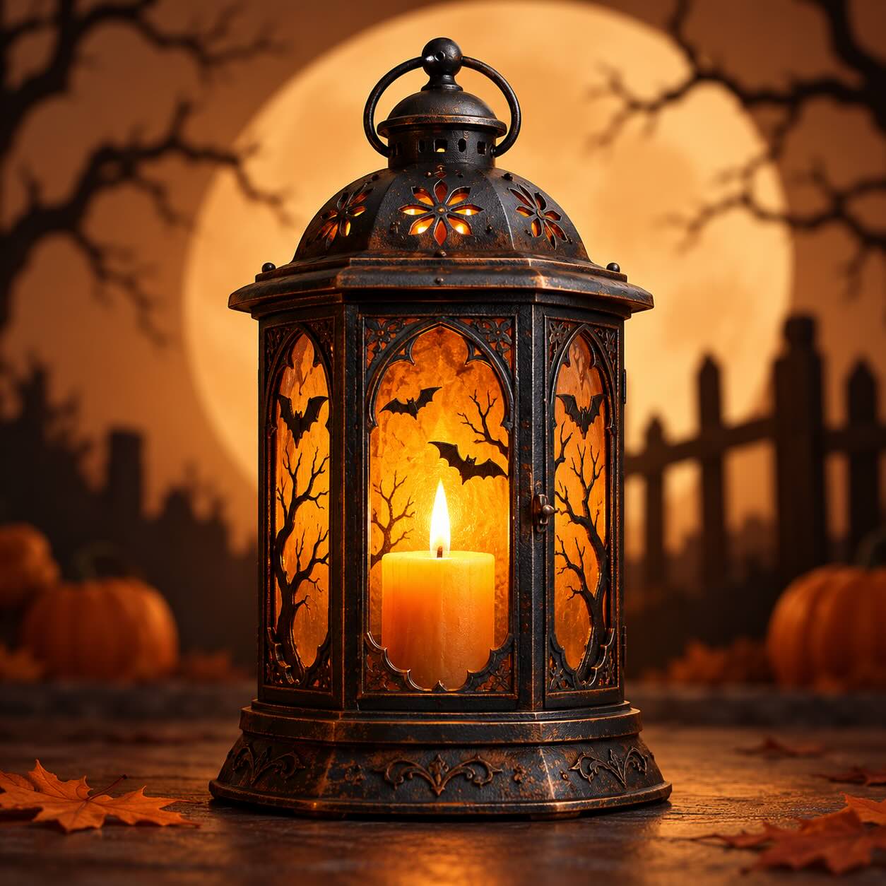 Candle lantern under a full moon