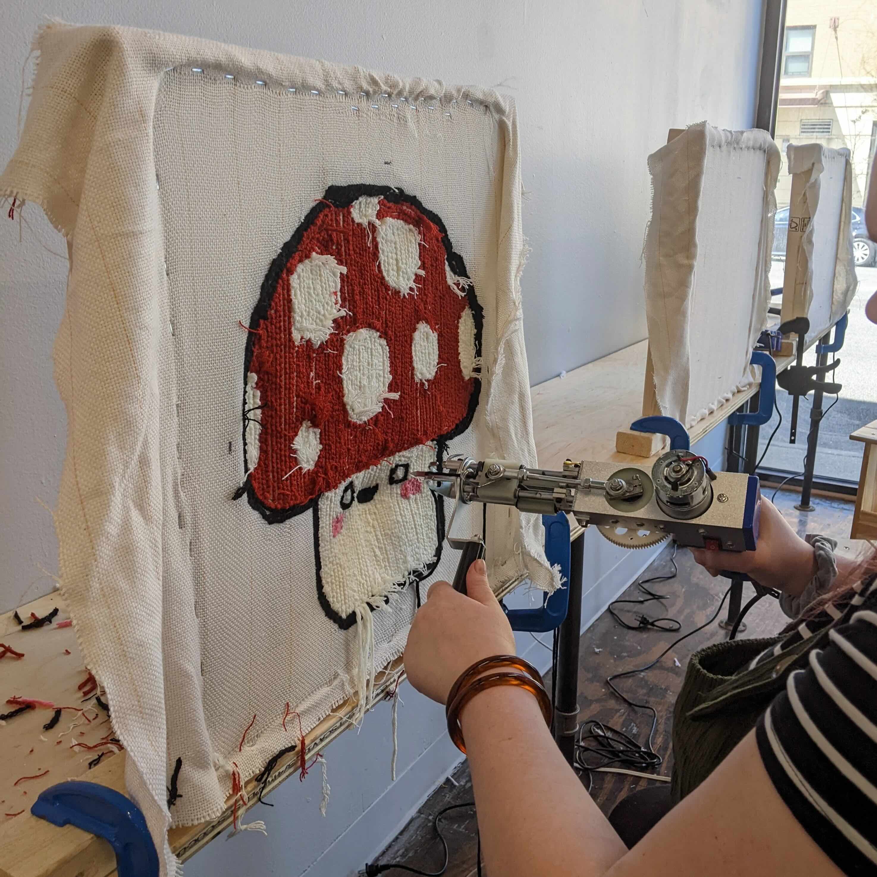 Friends enjoying tufting together in the studio